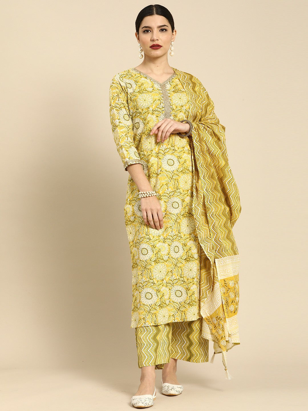 Women’s Yellow Floral Printed Cotton Kurta Set with Palazzos & Dupatta – Elegant Ethnic Wear | Indiaista