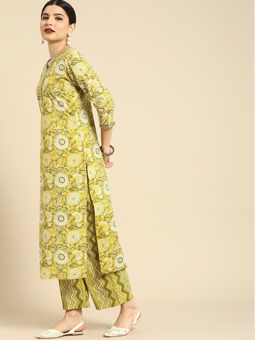 Women’s Yellow Floral Printed Cotton Kurta Set with Palazzos & Dupatta – Elegant Ethnic Wear | Indiaista