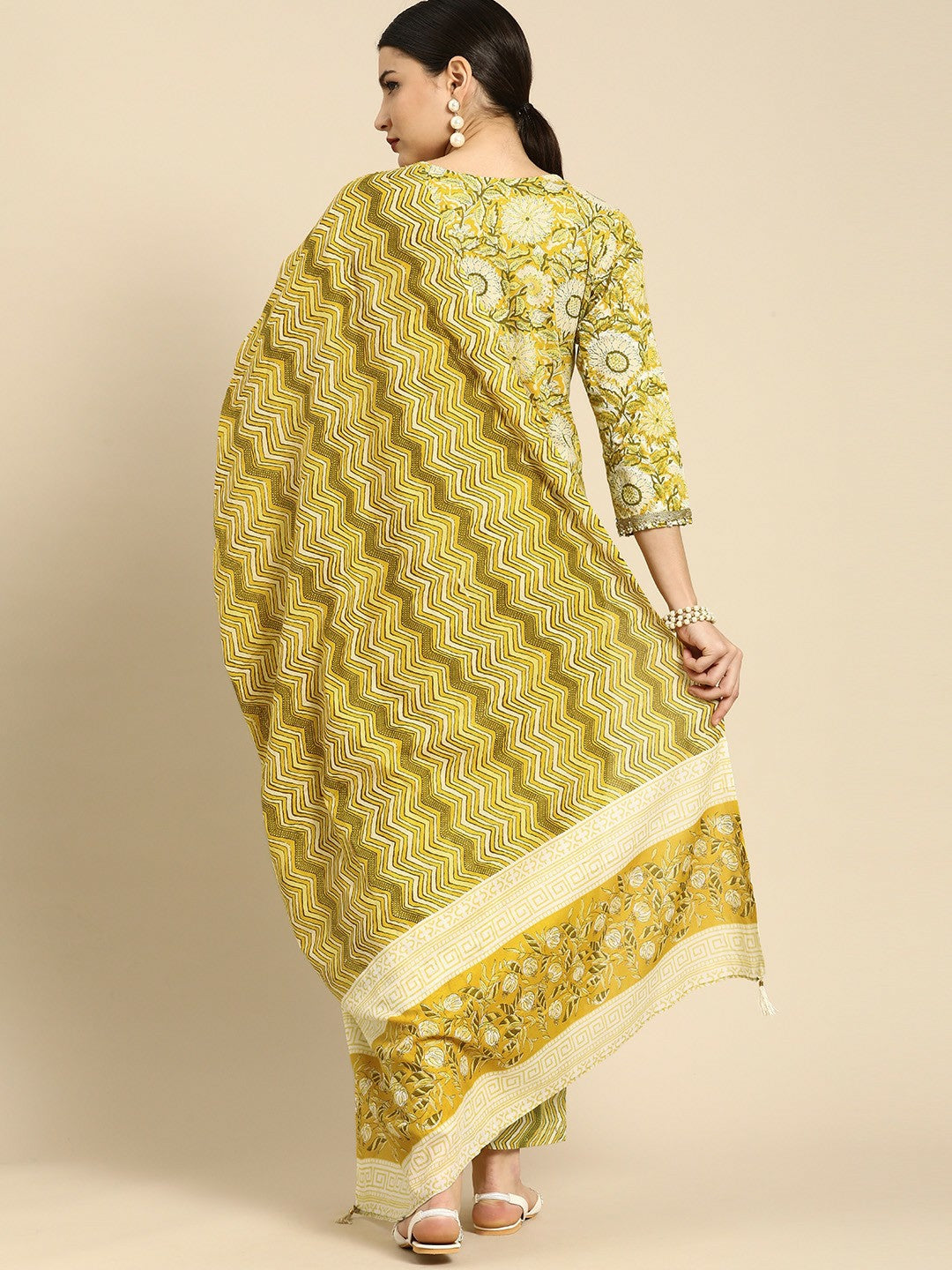 Women’s Yellow Floral Printed Cotton Kurta Set with Palazzos & Dupatta – Elegant Ethnic Wear | Indiaista