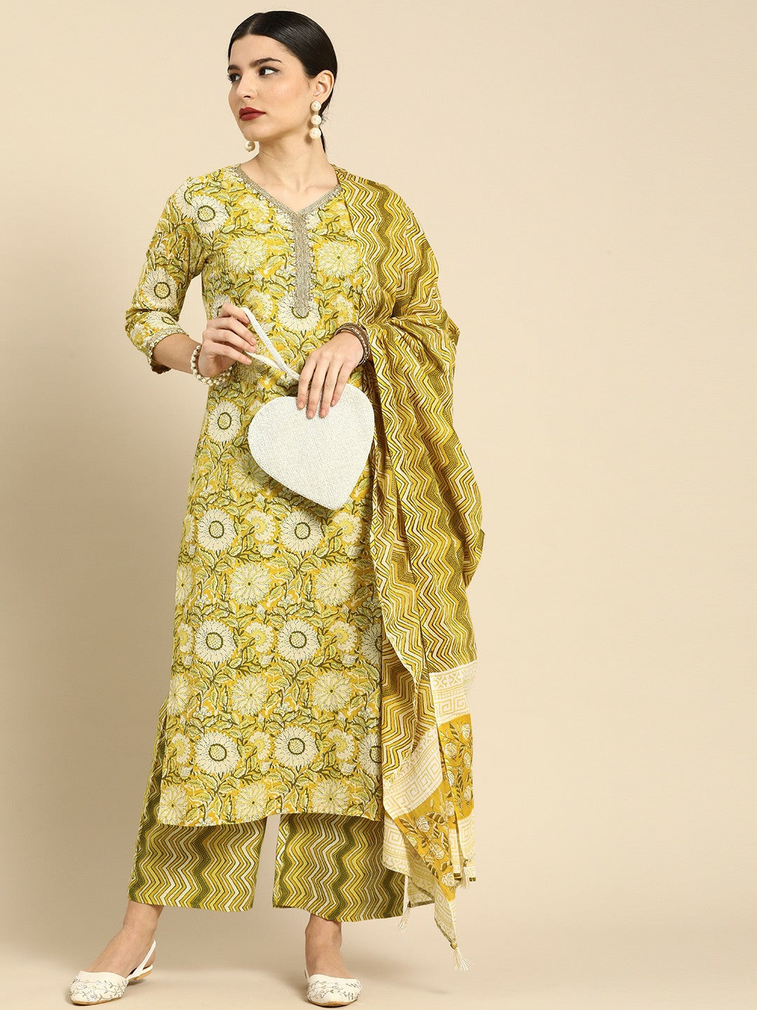 Women’s Yellow Floral Printed Cotton Kurta Set with Palazzos & Dupatta – Elegant Ethnic Wear | Indiaista