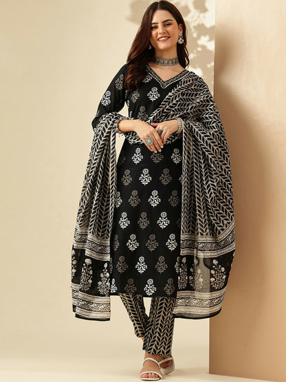 Women Floral Printed Cotton Kurta Set with Trousers & Dupatta - Black | Indiaista