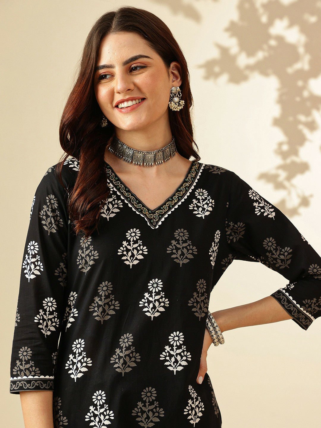 Women Floral Printed Cotton Kurta Set with Trousers & Dupatta - Black | Indiaista