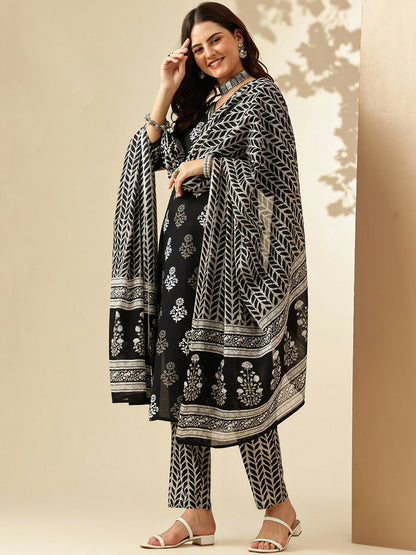 Women Floral Printed Cotton Kurta Set with Trousers & Dupatta - Black | Indiaista