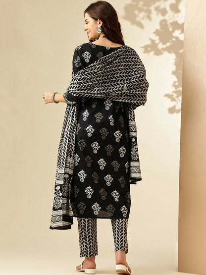 Women Floral Printed Cotton Kurta Set with Trousers & Dupatta - Black | Indiaista