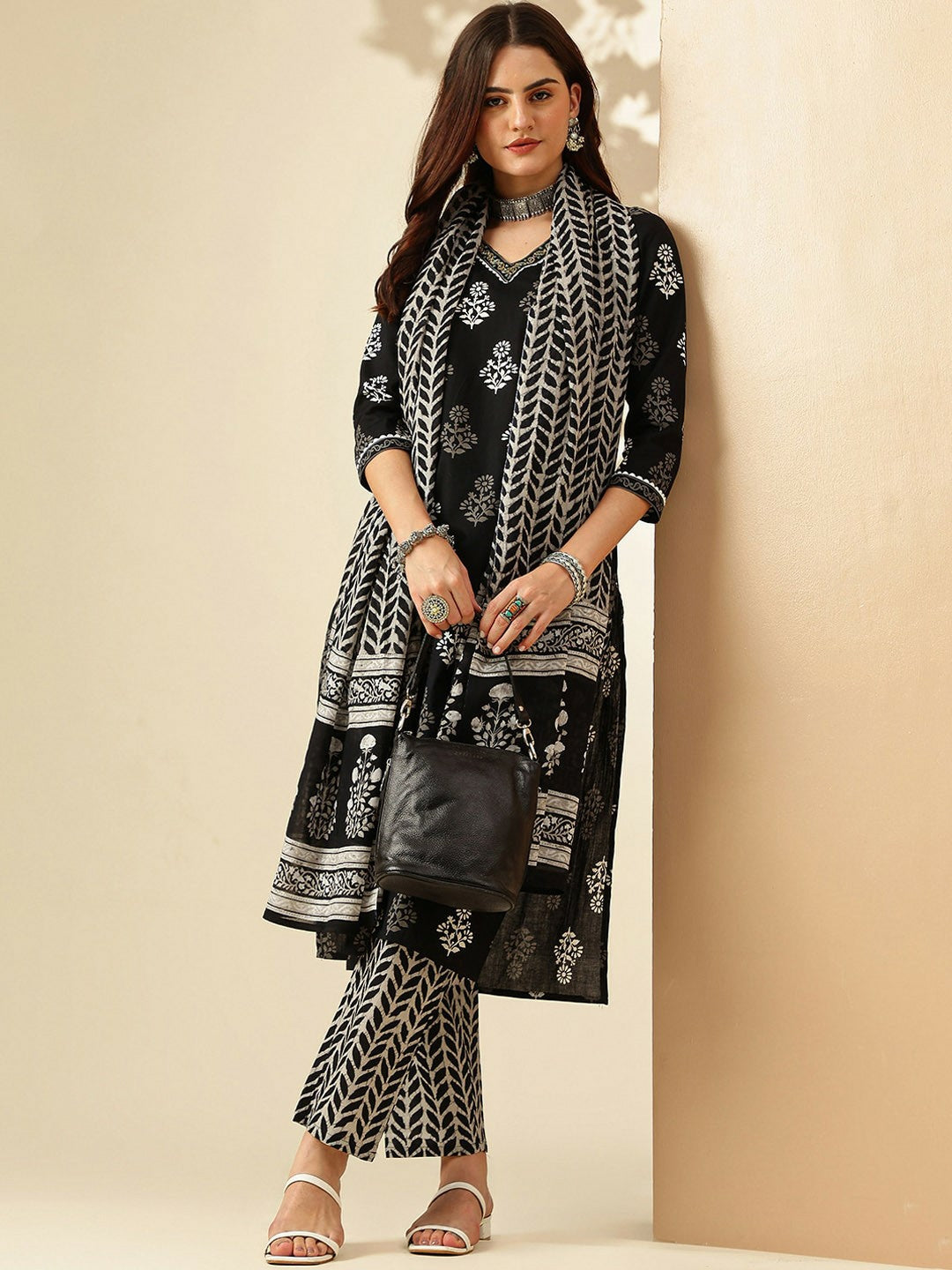 Women Floral Printed Cotton Kurta Set with Trousers & Dupatta - Black | Indiaista