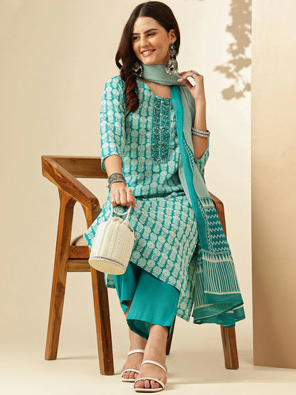 Women Floral Printed Cotton Kurta Set with Trousers & Dupatta - Blue | Indiaista