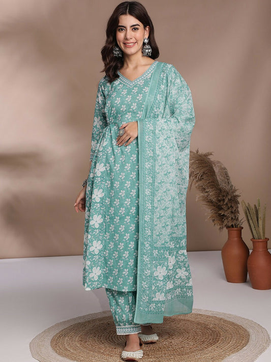 Women's Blue Floral Printed Pure Cotton Kurta Set with Trousers & Dupatta - IndiaIsta