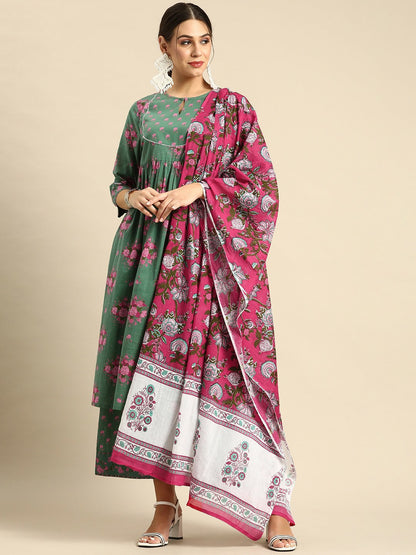 Women’s Green & Pink Floral Printed Cotton Kurta Set with Palazzos & Dupatta - Indiaista