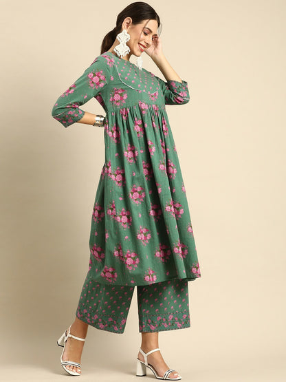 Women’s Green & Pink Floral Printed Cotton Kurta Set with Palazzos & Dupatta - Indiaista