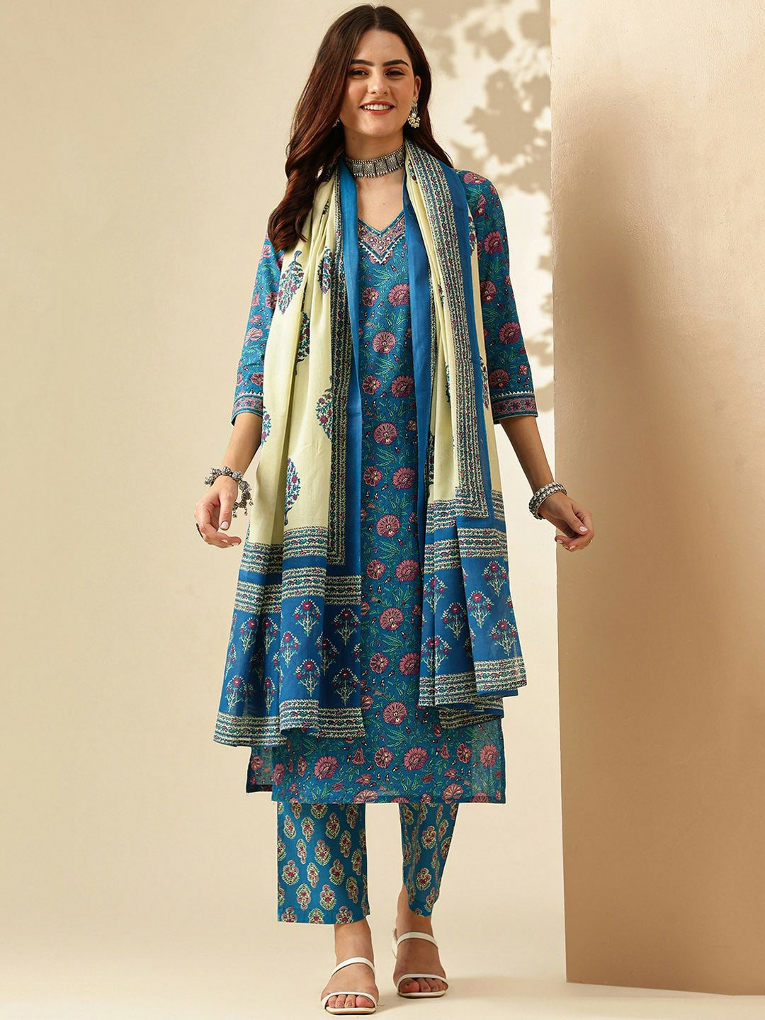 Women Floral Printed Pure Cotton Kurta Set with Trousers & Dupatta - Blue | Indiaista