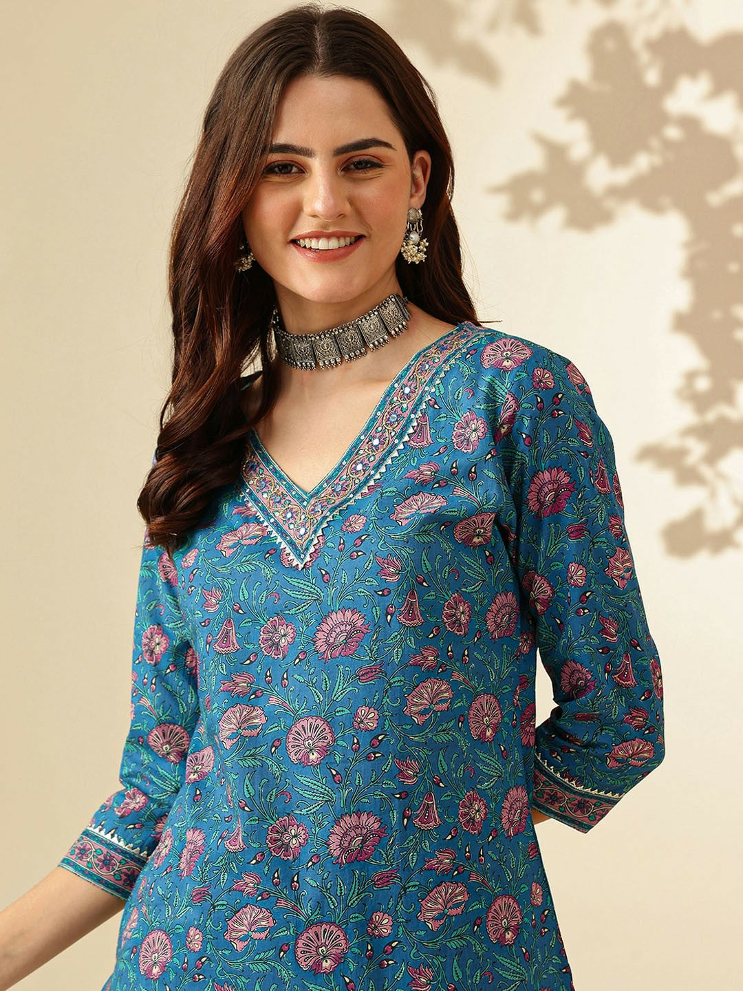 Women Floral Printed Pure Cotton Kurta Set with Trousers & Dupatta - Blue | Indiaista