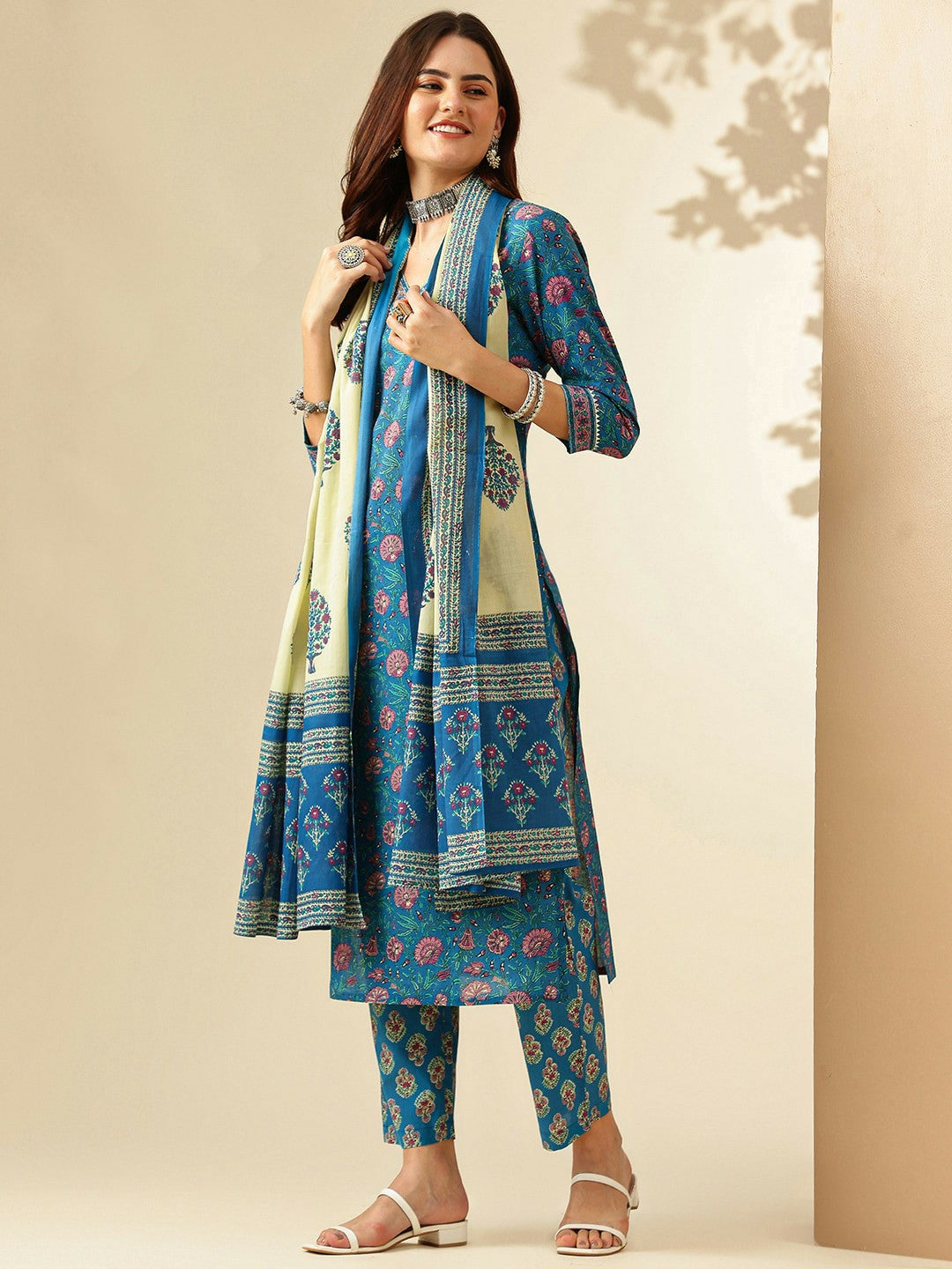 Women Floral Printed Pure Cotton Kurta Set with Trousers & Dupatta - Blue | Indiaista