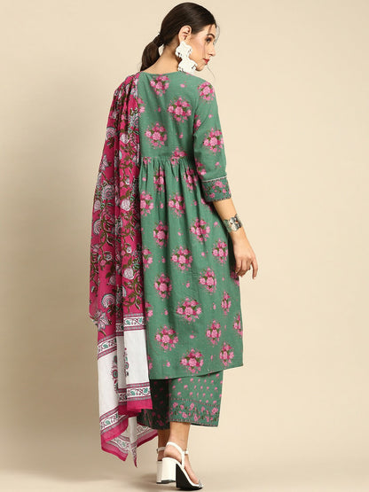 Women’s Green & Pink Floral Printed Cotton Kurta Set with Palazzos & Dupatta - Indiaista