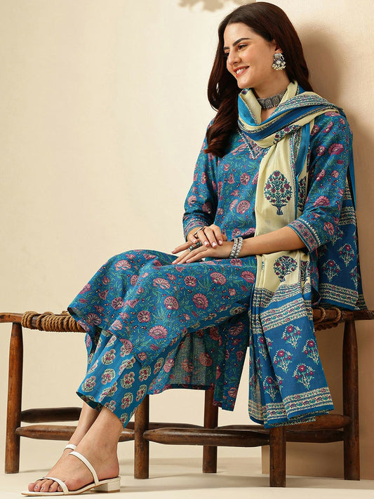 Women Floral Printed Pure Cotton Kurta Set with Trousers & Dupatta - Blue | Indiaista