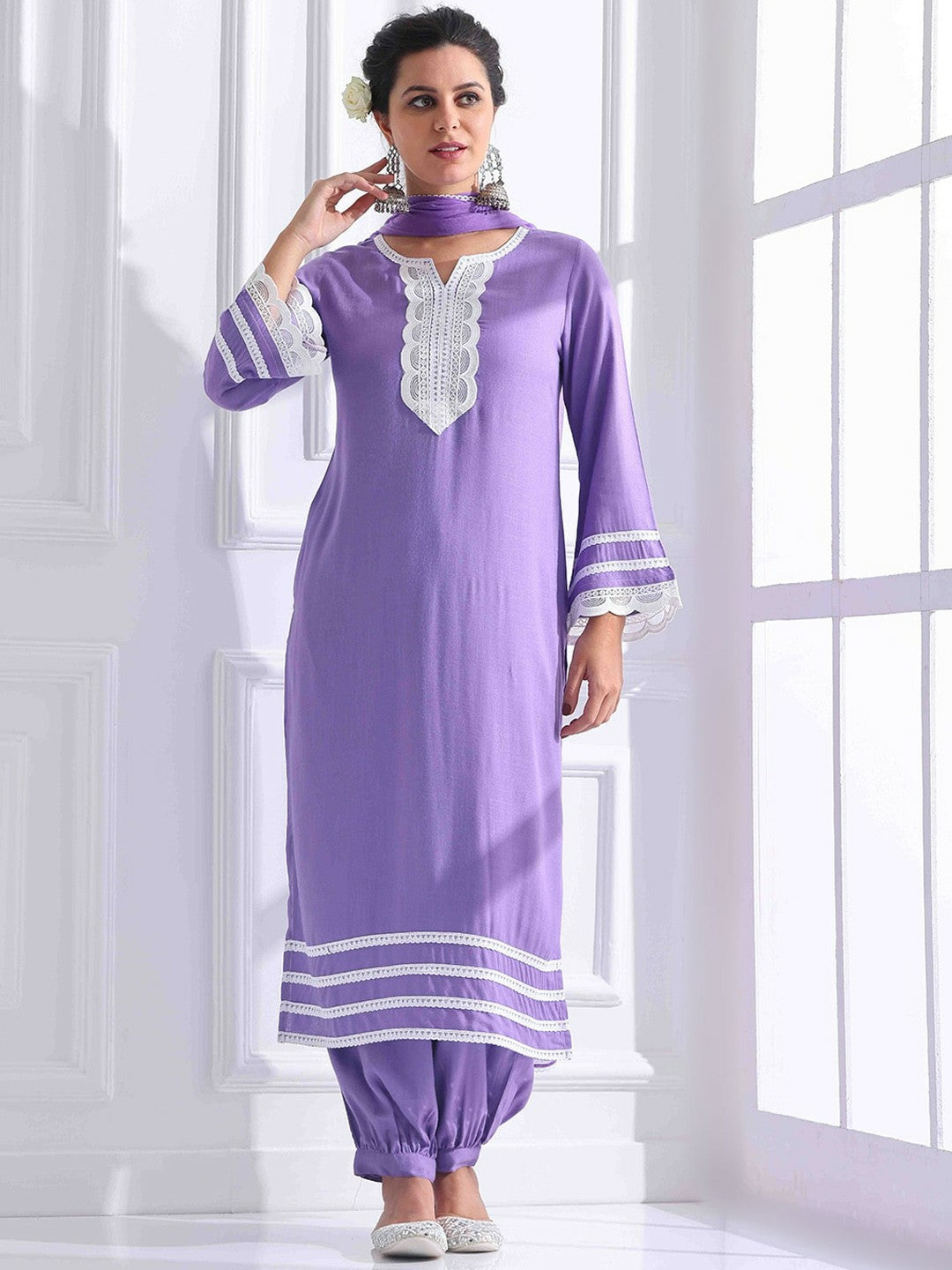 Women Embroidered Thread Work Kurta Set with Salwar & Dupatta - Purple | Indiaista