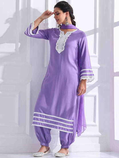 Women Embroidered Thread Work Kurta Set with Salwar & Dupatta - Purple | Indiaista