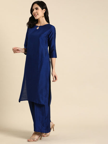 Navy Blue Women's Kurta Set with Palazzos & Dupatta - Silk Blend | IndiaIsta