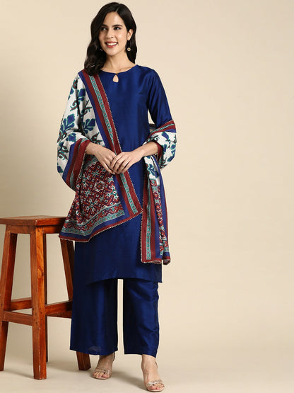 Navy Blue Women's Kurta Set with Palazzos & Dupatta - Silk Blend | IndiaIsta