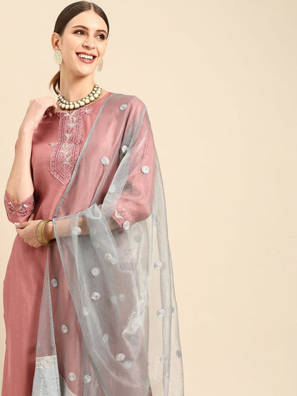 Women’s Pink & Blue Ethnic Embroidered Kurta Set with Trousers & Dupatta - Indiaista