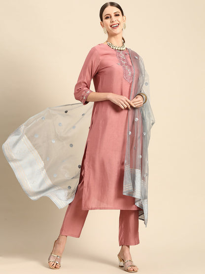 Women’s Pink & Blue Ethnic Embroidered Kurta Set with Trousers & Dupatta - Indiaista