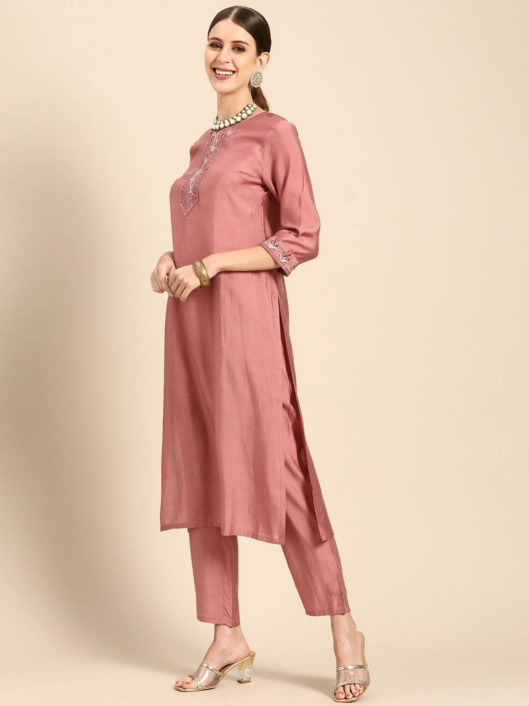 Women’s Pink & Blue Ethnic Embroidered Kurta Set with Trousers & Dupatta - Indiaista