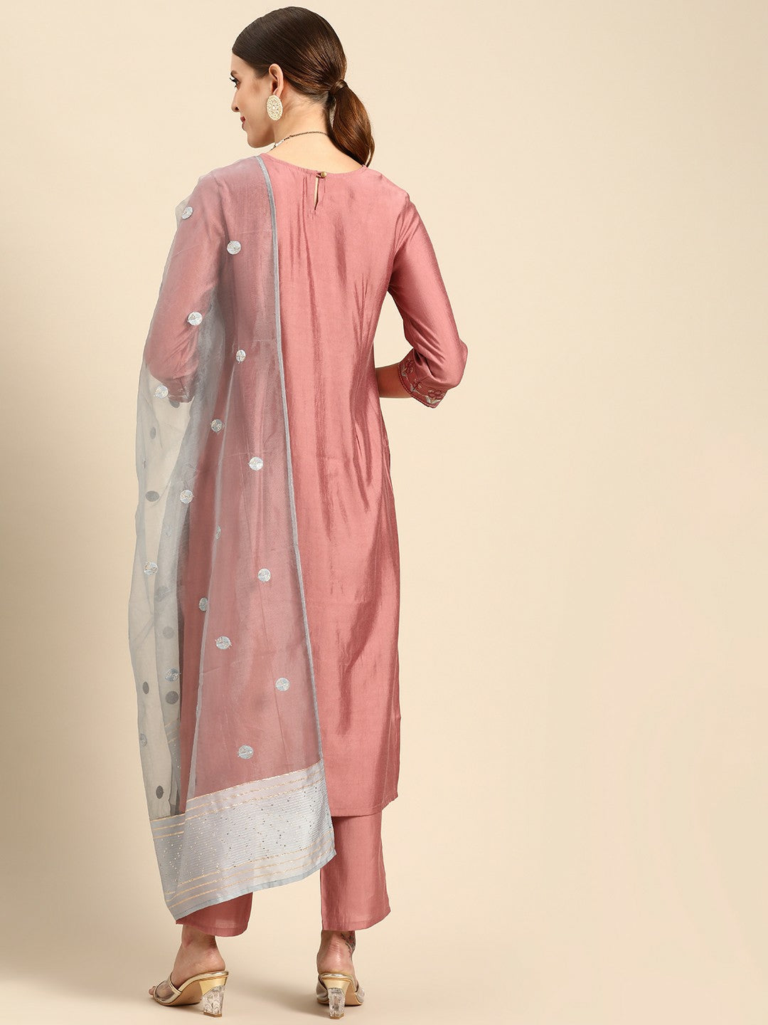 Women’s Pink & Blue Ethnic Embroidered Kurta Set with Trousers & Dupatta - Indiaista