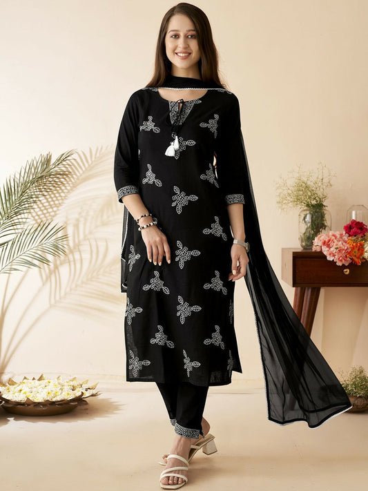 Women’s Black Floral Embroidered Cotton Kurta Set with Trousers & Dupatta - Indiaista