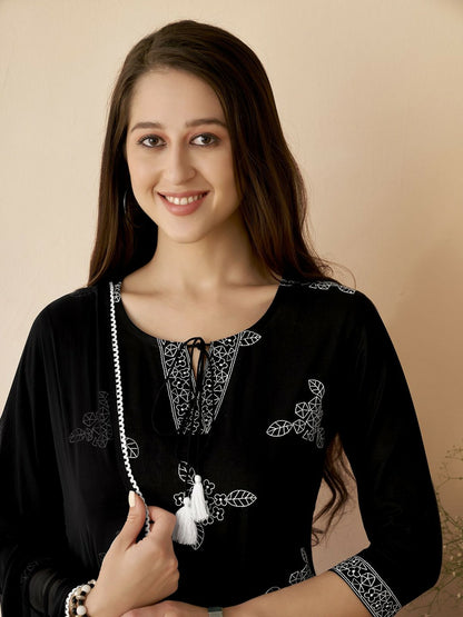 Women’s Black Floral Embroidered Cotton Kurta Set with Trousers & Dupatta - Indiaista