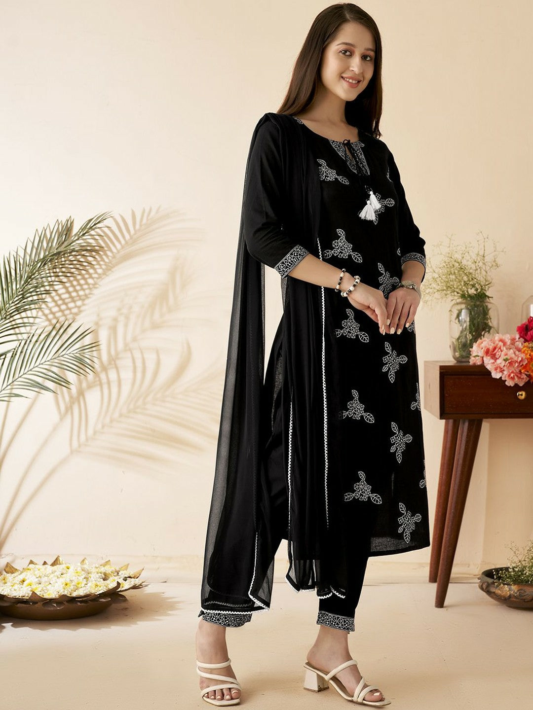 Women’s Black Floral Embroidered Cotton Kurta Set with Trousers & Dupatta - Indiaista