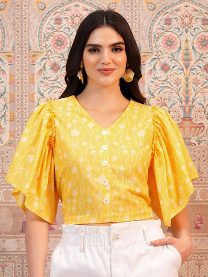 Yellow Floral Printed Crop Top for Women – V-Neck, Flared Sleeves, Stylish Casual Wear | Indiaista