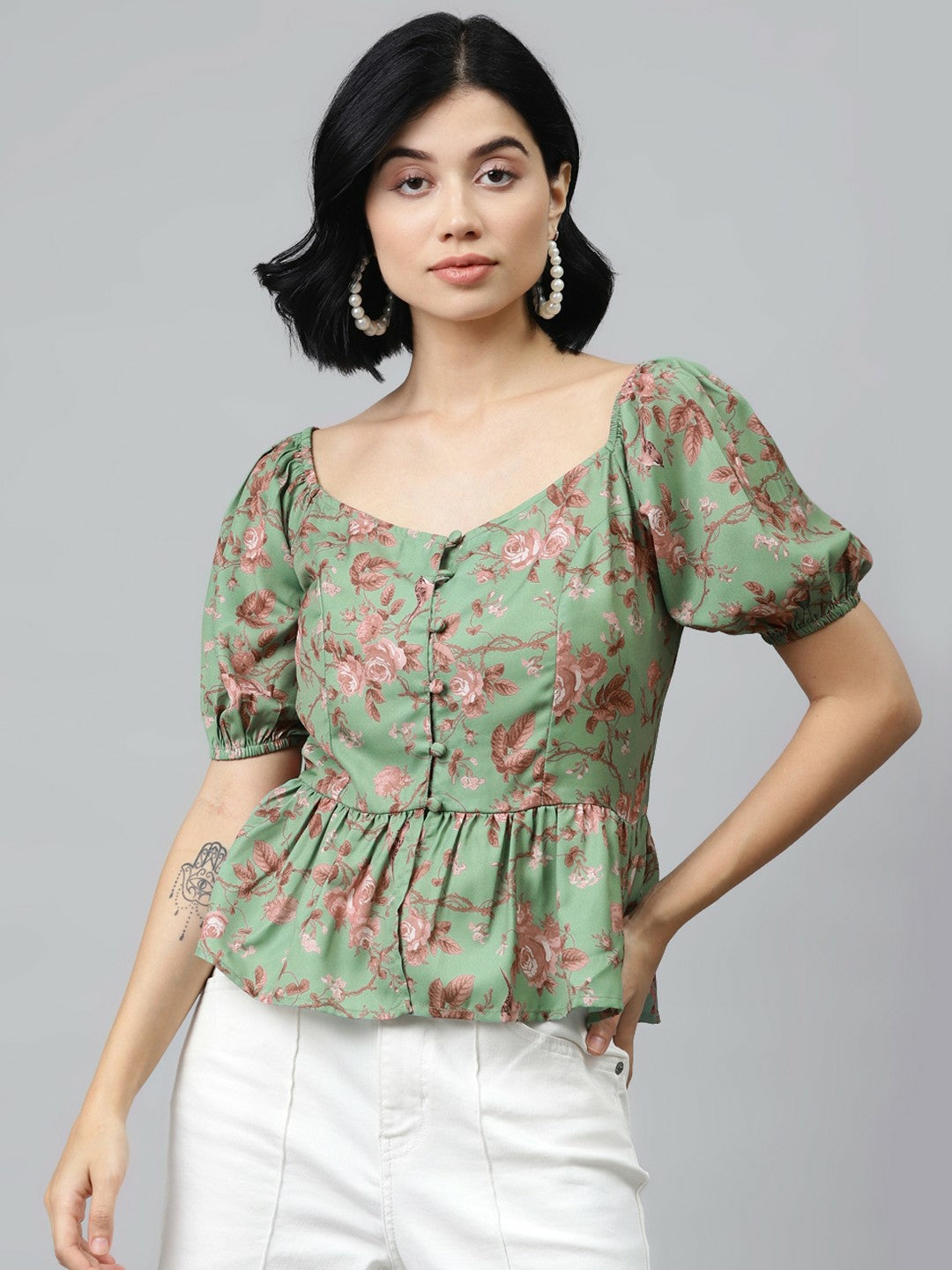 Women’s Green Floral A-Line Top – Square Neck, Puff Sleeves, Button Closure | Indiaista