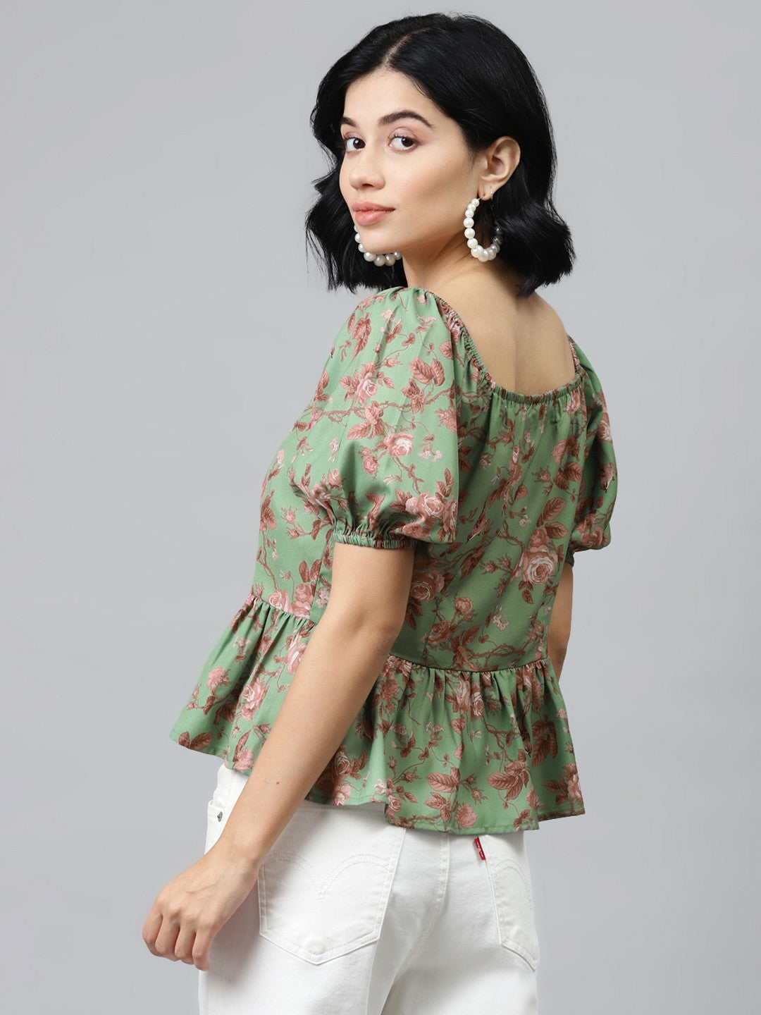 Women’s Green Floral A-Line Top – Square Neck, Puff Sleeves, Button Closure | Indiaista