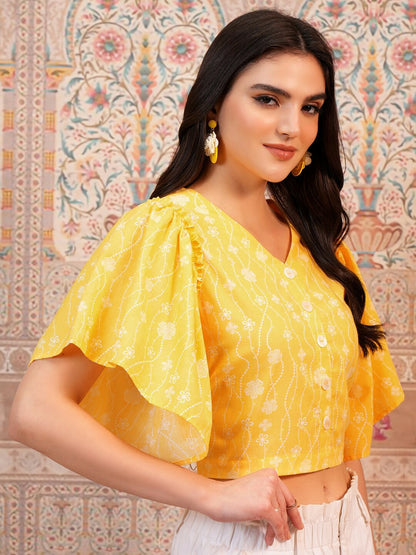 Yellow Floral Printed Crop Top for Women – V-Neck, Flared Sleeves, Stylish Casual Wear | Indiaista