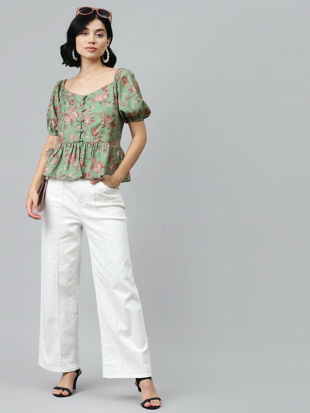 Women’s Green Floral A-Line Top – Square Neck, Puff Sleeves, Button Closure | Indiaista