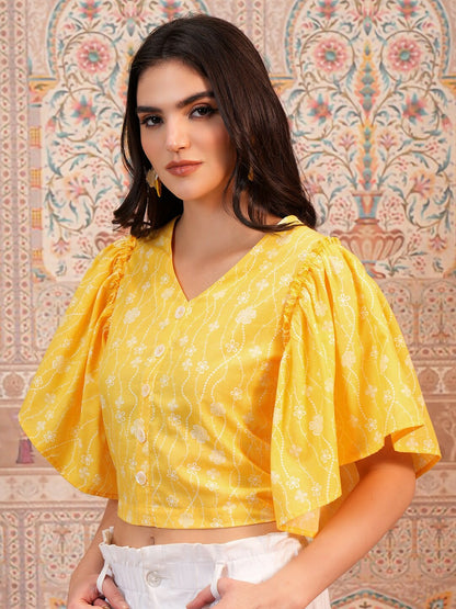 Yellow Floral Printed Crop Top for Women – V-Neck, Flared Sleeves, Stylish Casual Wear | Indiaista