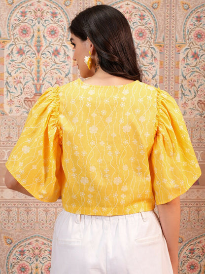 Yellow Floral Printed Crop Top for Women – V-Neck, Flared Sleeves, Stylish Casual Wear | Indiaista