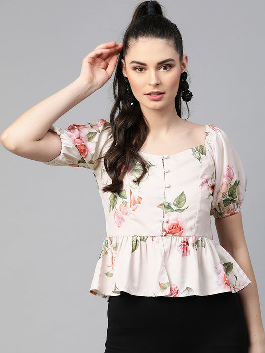 Nude & Green Floral Printed Peplum Top for Women – V-Neck, Puff Sleeves | Indiaista