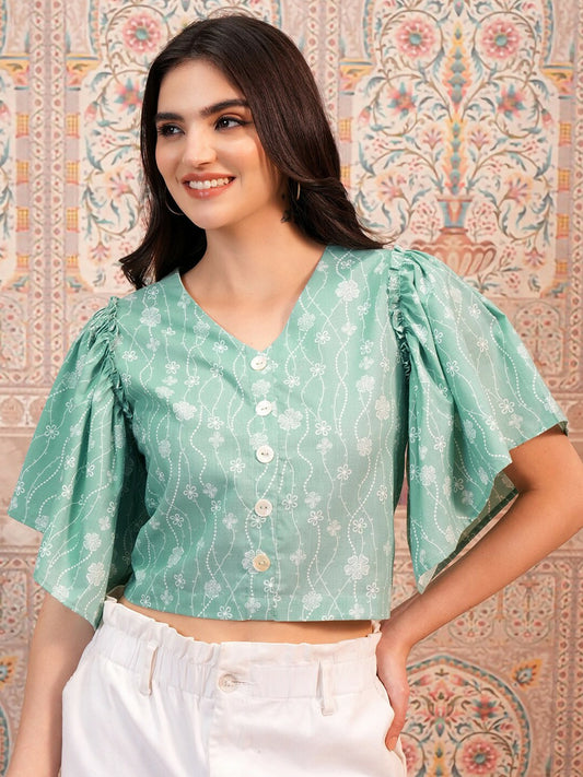 Green Floral Printed Crop Top for Women – V-Neck, Flared Sleeves, Casual & Trendy | Indiaista