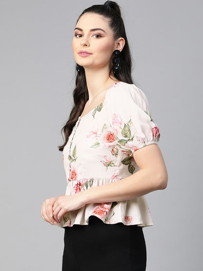 Nude & Green Floral Printed Peplum Top for Women – V-Neck, Puff Sleeves | Indiaista