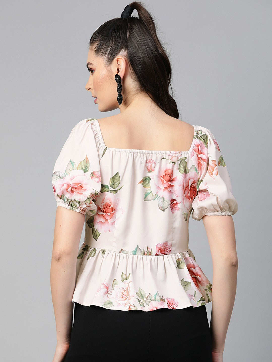 Nude & Green Floral Printed Peplum Top for Women – V-Neck, Puff Sleeves | Indiaista