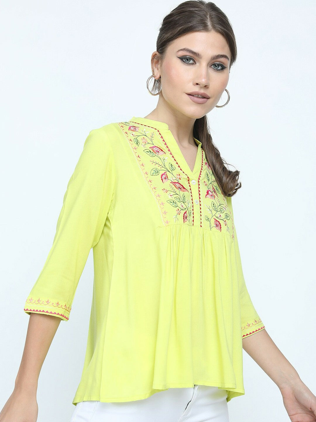 Yellow Floral Embroidered Top for Women – Mandarin Collar, 3/4 Sleeves, Pleated Design | Indiaista