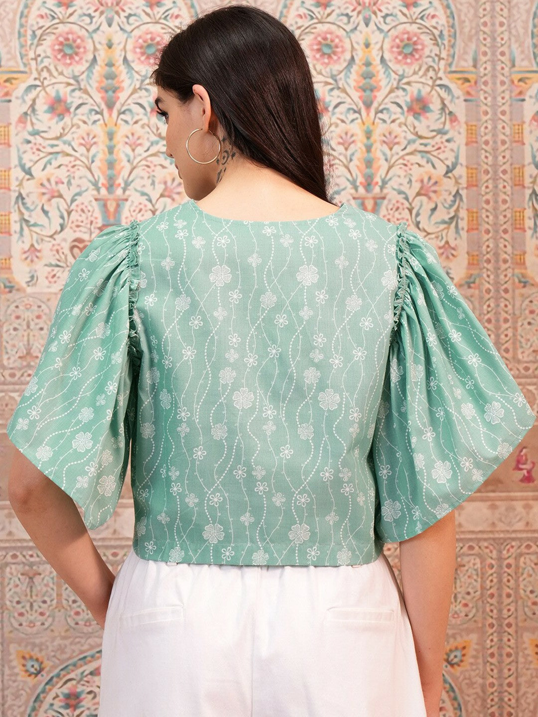 Green Floral Printed Crop Top for Women – V-Neck, Flared Sleeves, Casual & Trendy | Indiaista