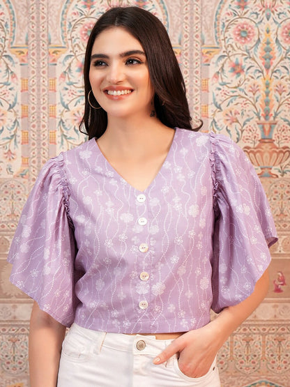 Lavender Floral Printed Crop Top for Women – V-Neck, Flared Sleeves, Button Closure | Indiaista