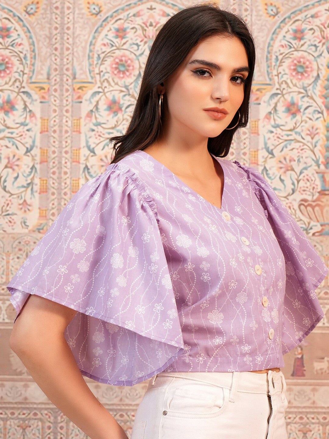 Lavender Floral Printed Crop Top for Women – V-Neck, Flared Sleeves, Button Closure | Indiaista