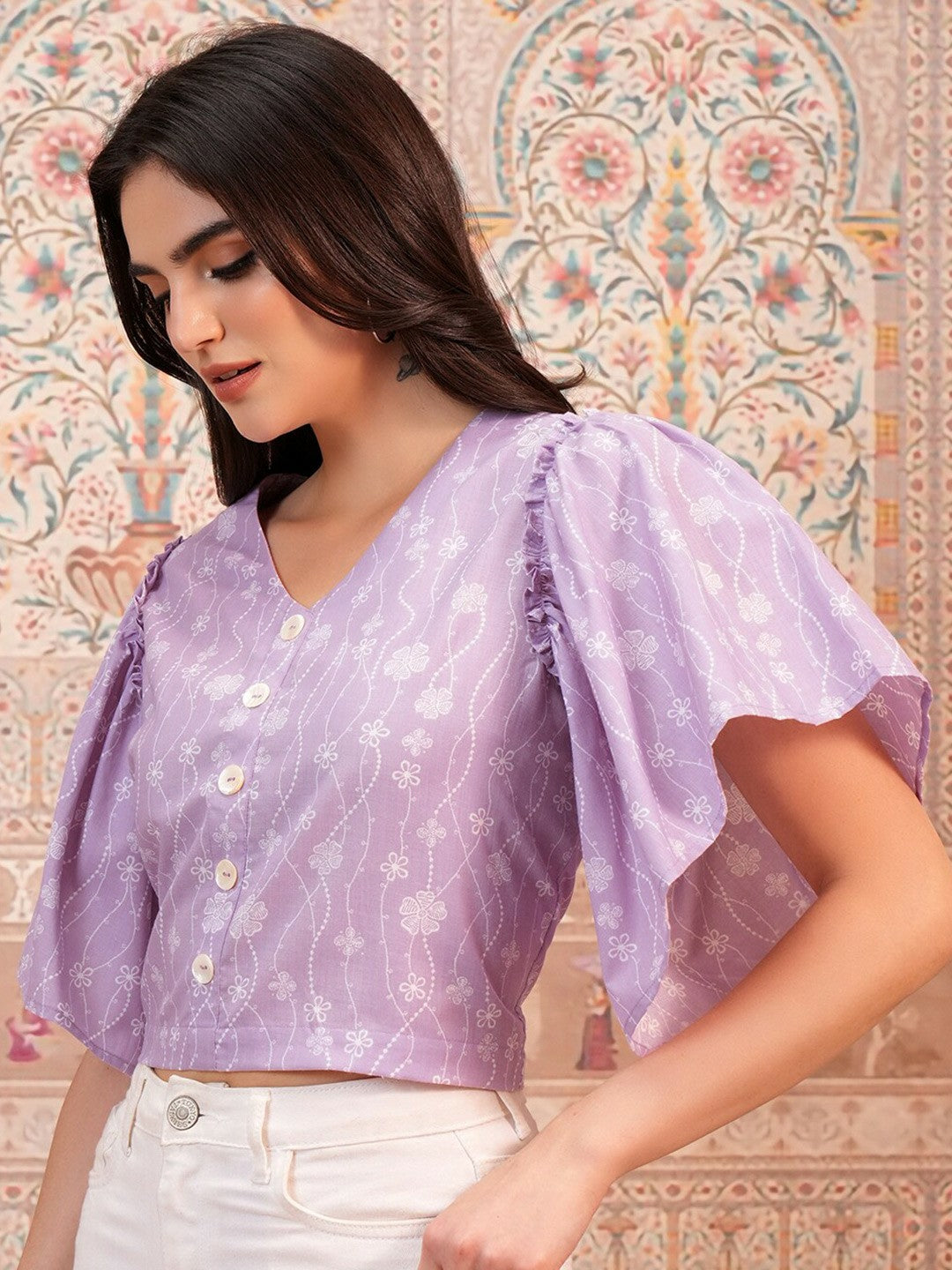 Lavender Floral Printed Crop Top for Women – V-Neck, Flared Sleeves, Button Closure | Indiaista