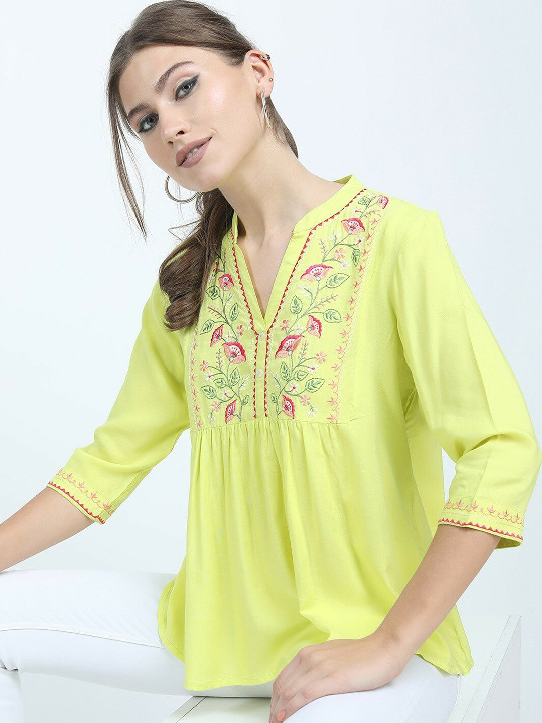 Yellow Floral Embroidered Top for Women – Mandarin Collar, 3/4 Sleeves, Pleated Design | Indiaista