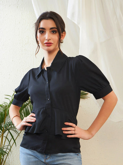 Black Georgette Shirt-Style Top for Women – Puff Sleeves, Button Closure | Indiaista