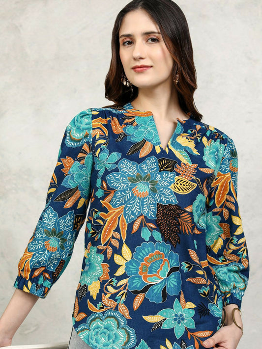 Navy Blue Floral Printed Cotton Top for Women – Mandarin Collar & Bishop Sleeves | Indiaista