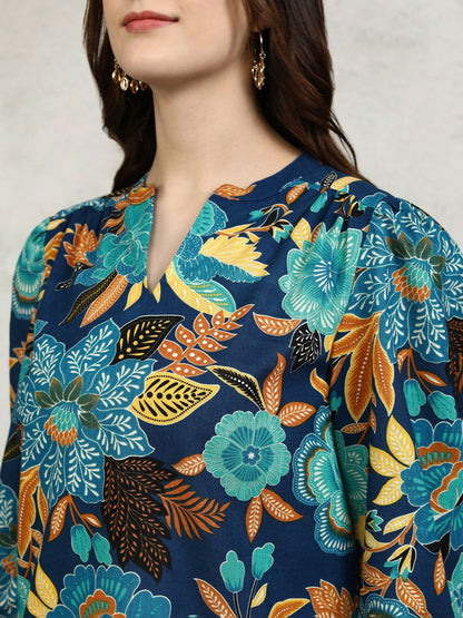 Navy Blue Floral Printed Cotton Top for Women – Mandarin Collar & Bishop Sleeves | Indiaista