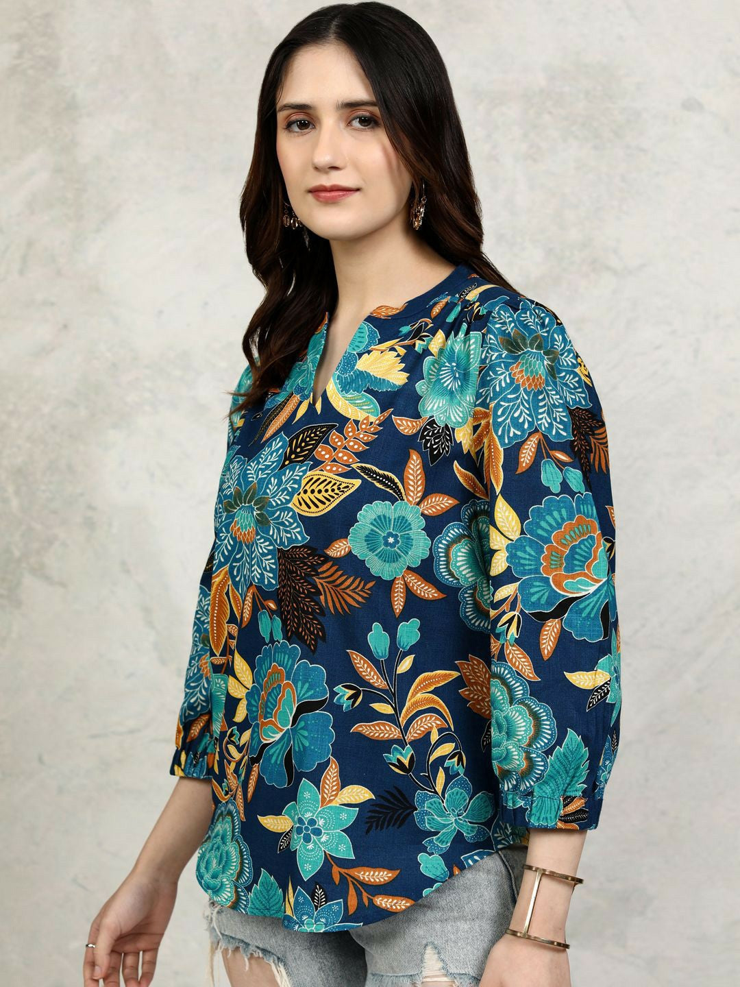 Navy Blue Floral Printed Cotton Top for Women – Mandarin Collar & Bishop Sleeves | Indiaista